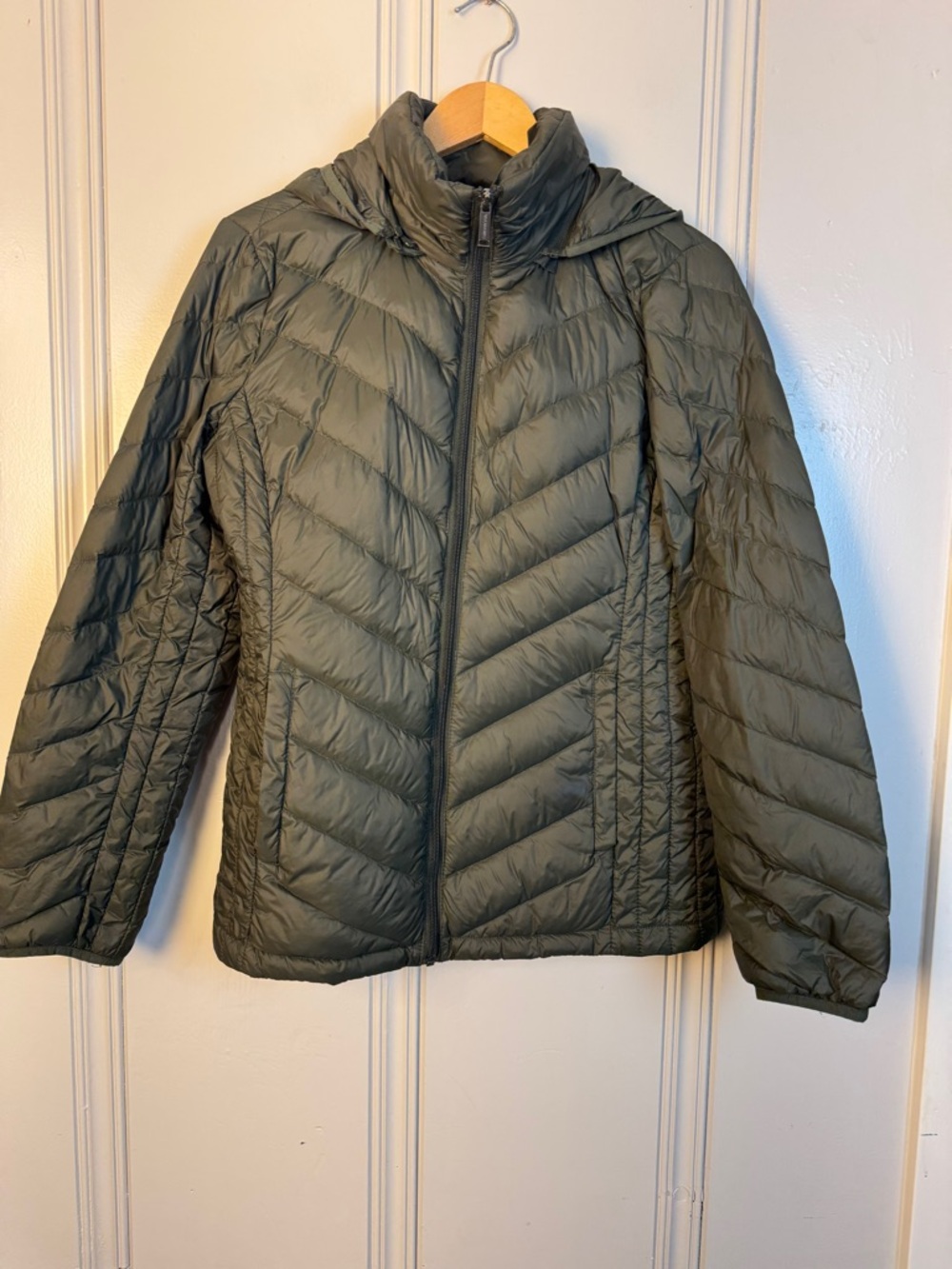 London Fog Lightweight Packable Down Puffer Jacket Detachable Hood Green Women S
